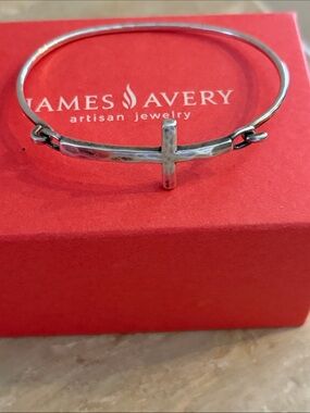 James Avery Silver Tone Cross Bangle Bracelet on Red Box